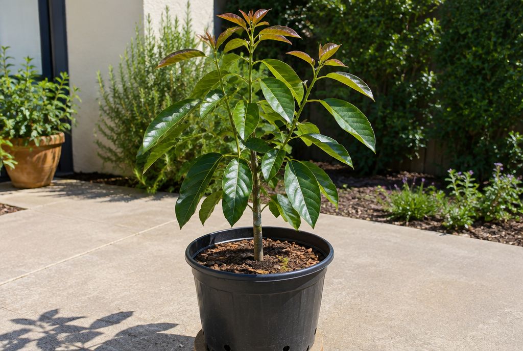 A young grafted avocado tree with glossy leaves and bronze new growth in a large black nursery pot on a patio