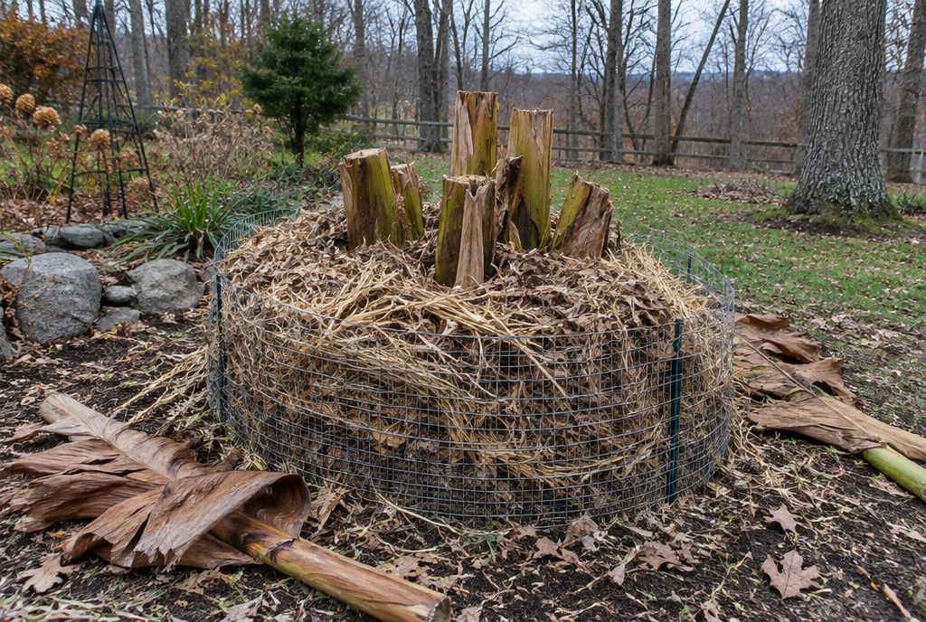 A hardy banana clump cut back to short stumps and packed with straw inside a wire cage for winter, with frost-killed leaves on the ground