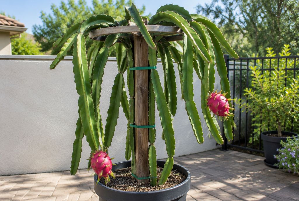 A dragon fruit cactus trained up a wooden post with a round frame on top, its stems draping down, growing in a large pot on a patio with pink fruit hanging