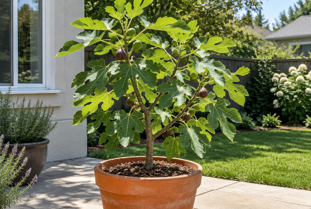 A young fig tree with lobed leaves and small figs growing in a large terracotta pot on a patio