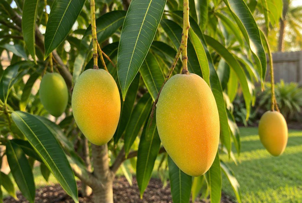 Oval yellow-orange Carrie mangoes hanging on long stems from a small backyard mango tree