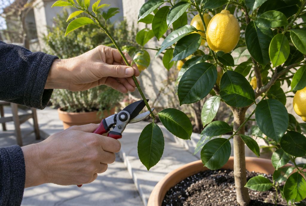 Hands using bypass pruners to cut a leggy shoot back to just above a leaf on a potted Meyer lemon tree