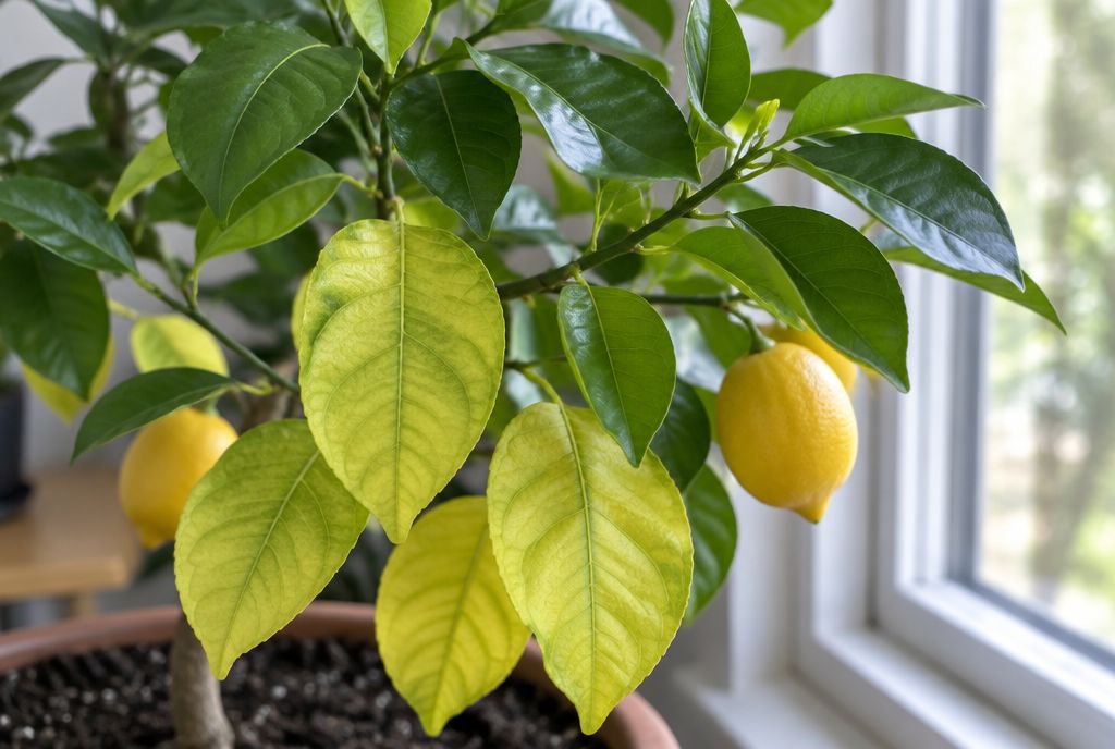 A potted Meyer lemon branch whose older leaves have turned evenly pale yellow while newer leaves stay dark green