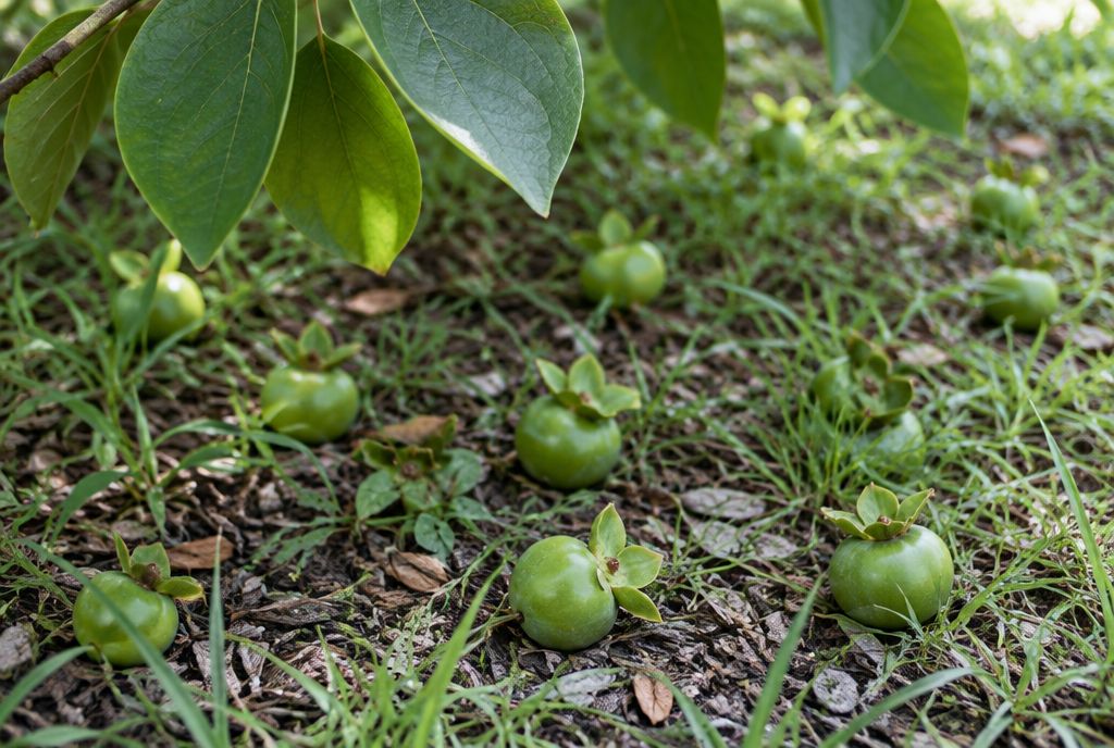 Small immature green persimmons with their calyx caps, lying on the ground under a persimmon tree after early-summer fruit drop