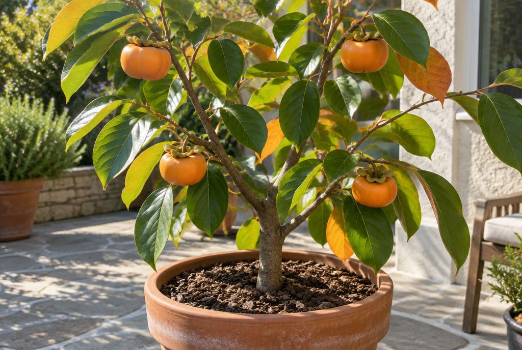 A young persimmon tree with squat orange fruit and broad leaves turning color, growing in a large terracotta pot on a patio