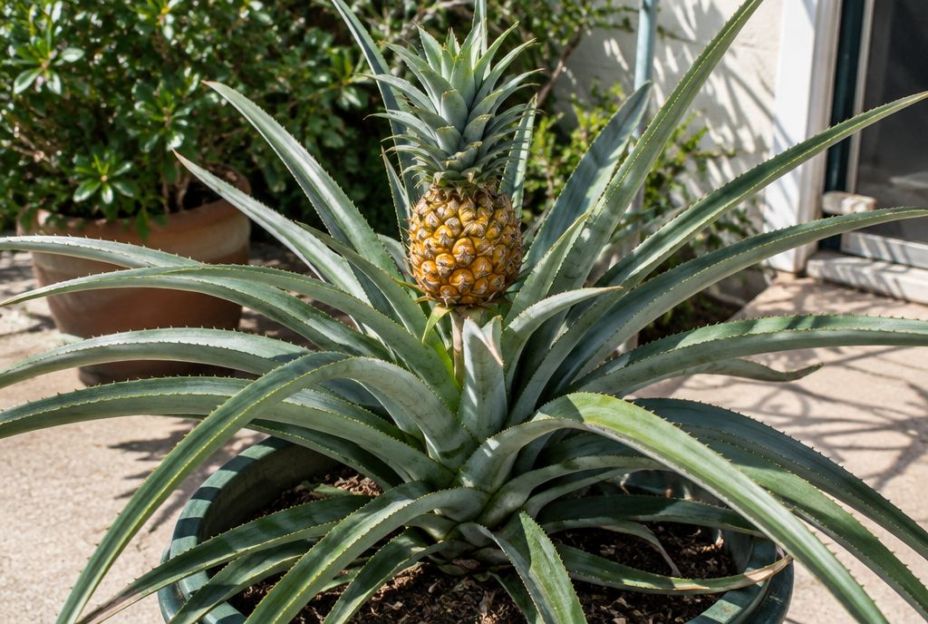 A pineapple plant with long serrated leaves and a small golden fruit rising from the center, growing in a large pot on a patio