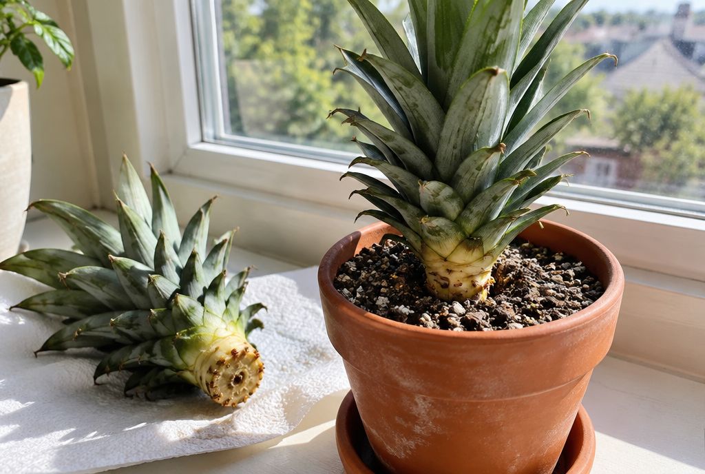 A pineapple crown with its lower leaves stripped, planted in a terracotta pot on a sunny windowsill, with a second crown drying on a paper towel