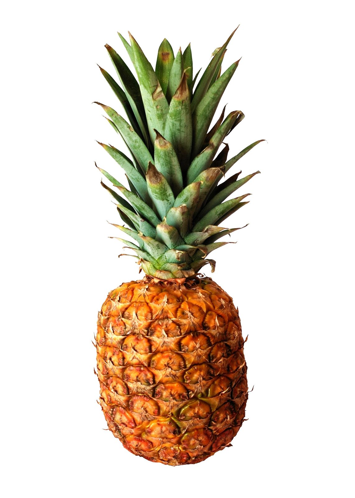 A whole ripe pineapple with golden-orange skin and a crown of green leaves, photographed against a white background