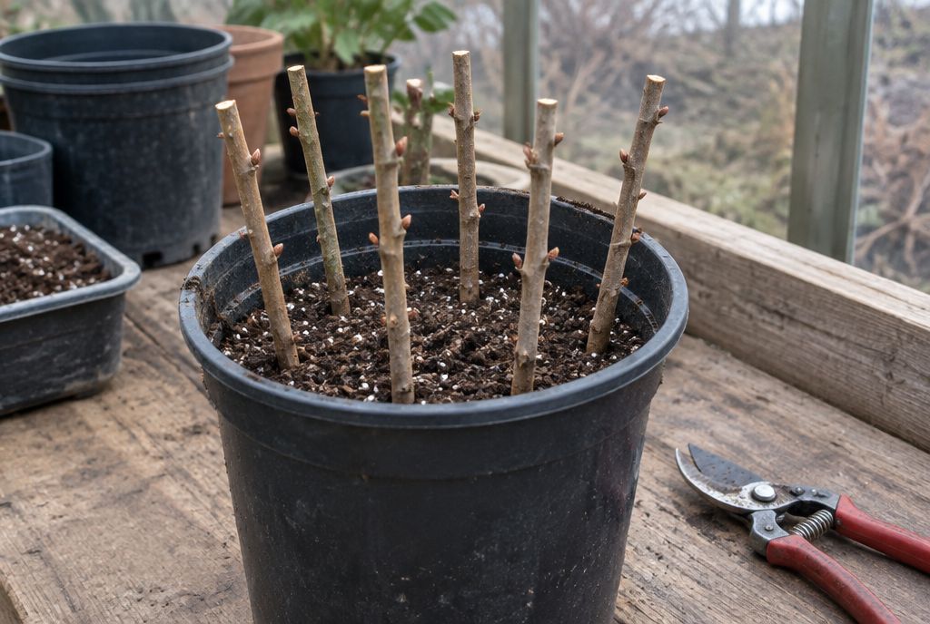 Dormant pencil-thick pomegranate hardwood cuttings stuck deep in a pot of moist mix on a potting bench, with pruners beside the pot